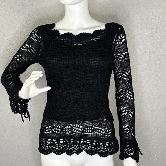 Y2K JOSEPH A. Womens Sweater Open Knit Crochet Bell Slv Black Whimsigoth Size S - Picture 2 of 7